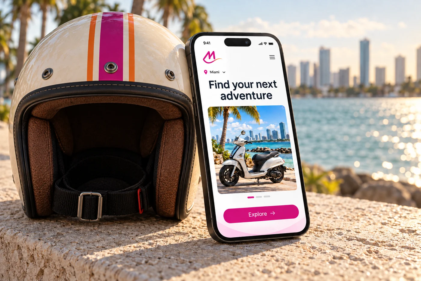 The rentaMOBI app showing Miami and the Islander scooter, set beside a helmet in an illustrative waterfront scene